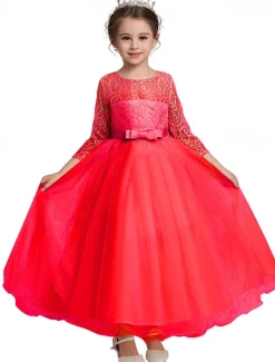 Kids Girls' Flower Girl Dress Dress Half Sleeve Wedding Party Lace up Mesh Elegant Vintage Maxi Swing Dress A Line Dress Spring Fall 3-12 Years White Light Green Pink