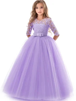 Kids Girls' Flower Girl Dress Dress Half Sleeve Wedding Party Lace up Mesh Elegant Vintage Maxi Swing Dress A Line Dress Spring Fall 3-12 Years White Light Green Pink