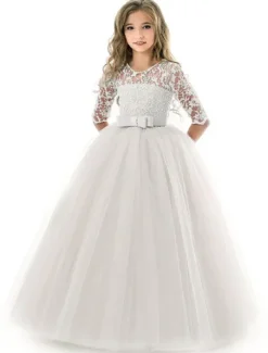 Kids Girls' Flower Girl Dress Dress Half Sleeve Wedding Party Lace up Mesh Elegant Vintage Maxi Swing Dress A Line Dress Spring Fall 3-12 Years White Light Green Pink