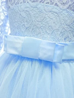 Kids Girls' Flower Girl Dress Dress Half Sleeve Wedding Party Lace up Mesh Elegant Vintage Maxi Swing Dress A Line Dress Spring Fall 3-12 Years White Light Green Pink