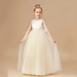 Kids Girls' Flower Girl Dress Party Dress Solid Color Sleeveless Performance Wedding Party Mesh Princess Sweet Mesh Mid-Calf Sheath Dress Tulle Dress Summer Spring Fall 2-12 Years Champagne