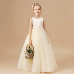 Kids Girls' Flower Girl Dress Party Dress Solid Color Sleeveless Performance Wedding Party Mesh Princess Sweet Mesh Mid-Calf Sheath Dress Tulle Dress Summer Spring Fall 2-12 Years Champagne