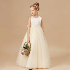 Kids Girls' Flower Girl Dress Party Dress Solid Color Sleeveless Performance Wedding Party Mesh Princess Sweet Mesh Mid-Calf Sheath Dress Tulle Dress Summer Spring Fall 2-12 Years Champagne