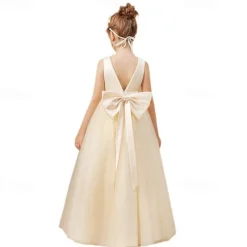 Kids Girls' Flower Girl Dress Party Dress Solid Color Sleeveless Performance Wedding Party Mesh Princess Sweet Mesh Mid-Calf Sheath Dress Tulle Dress Summer Spring Fall 2-12 Years Champagne