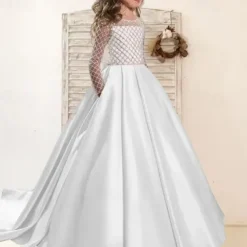 Kids Girls' Flower Girl Dress Party Dress Solid Color Long Sleeve Performance Wedding Party Mesh Princess Sweet Mesh Mid-Calf Sheath Dress Tulle Dress Flower Girl's Dress Summer Spring Fall 2-12 Years