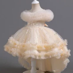 Kids Girls' Flower Girl Dress Party Dress Solid Color Floral Star Sleeveless Wedding Party Special Occasion Sequins Ruched Mesh Adorable Sweet Cotton Polyester Asymmetrical Party Dress Summer Spring