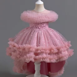 Kids Girls' Flower Girl Dress Party Dress Solid Color Floral Star Sleeveless Wedding Party Special Occasion Sequins Ruched Mesh Adorable Sweet Cotton Polyester Asymmetrical Party Dress Summer Spring