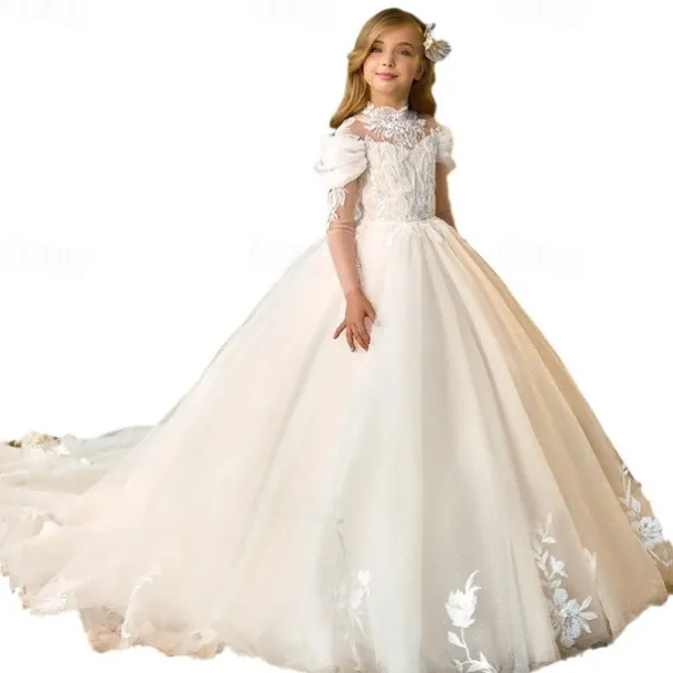 Kids Girls' Flower Girl Dress First Communion Dress Party Dress Solid Color Sleeveless Long Sleeve Performance Wedding Party Mesh Princess Sweet Mesh Mid-Calf Sheath Dress Tulle Dress Summer Spring