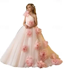 Kids Girls' Flower Girl Dress First Communion Dress Party Dress Solid Color Sleeveless Long Sleeve Performance Wedding Party Mesh Princess Sweet Mesh Mid-Calf Sheath Dress Tulle Dress Summer Spring