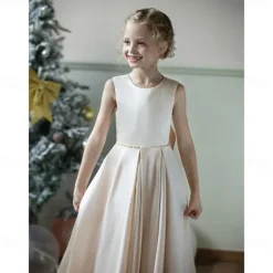 Kids Girls' Flower Girl Dress Party Dress Solid Color Sleeveless Wedding Anniversary Party Fashion Adorable Daily Polyester Summer Spring 2-12 Years Beige