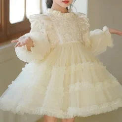 Kids Girls' Flower Girl Dress Party Dress Solid Color Long Sleeve Performance Wedding Party Mesh Princess Beautiful Sweet Polyester Knee-length Party Dress Swing Dress Tulle Dress Summer Spring 5-13