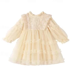 Kids Girls' Flower Girl Dress Party Dress Solid Color Long Sleeve Performance Wedding Party Mesh Princess Beautiful Sweet Polyester Knee-length Party Dress Swing Dress Tulle Dress Summer Spring 5-13