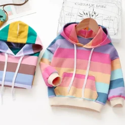 Kids Girls' Hoodie Rainbow Stripe Long Sleeve Pocket Spring Fall Cute Streetwear Daily Cotton Outdoor Casual Regular Fit