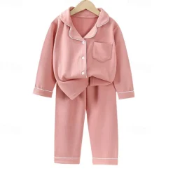 Kids Girls' Pajama Sets Long Sleeve SY01-pajamas light pink Yellow Light Green Solid Color Button Spring Fall Active Home 7-13 Years