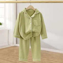 Kids Girls' Pajama Sets Long Sleeve SY01-pajamas light pink Yellow Light Green Solid Color Button Spring Fall Active Home 7-13 Years