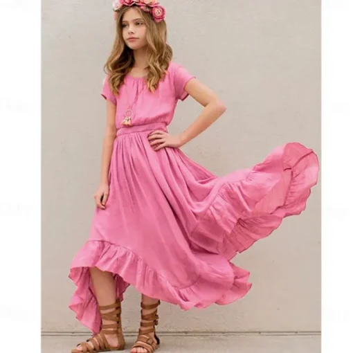 Kids Girls' Party Dress Solid Color Sleeveless Wedding Pegeant Princess Sweet Cotton Maxi Party Dress Summer Dress Flower Girl's Dress Summer Spring 5-12 Years White Pink Orange
