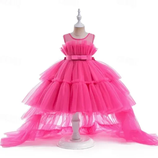 Kids Girls' Party Dress Solid Color Sleeveless Performance Wedding Party Tie Knot Beautiful Sweet Polyester Asymmetrical Party Dress Swing Dress A Line Dress Summer 4 years+ Black White Pink