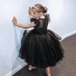 Kids Girls' Party Dress Solid Color Short Sleeve Performance Wedding Ruched Mesh Princess Beautiful Polyester Midi Party Dress Swing Dress Summer Spring 2-9 Years Black White Red