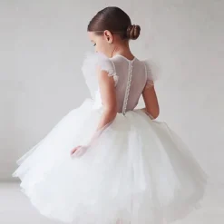 Kids Girls' Party Dress Solid Color Short Sleeve Performance Wedding Ruched Mesh Princess Beautiful Polyester Midi Party Dress Swing Dress Summer Spring 2-9 Years Black White Red