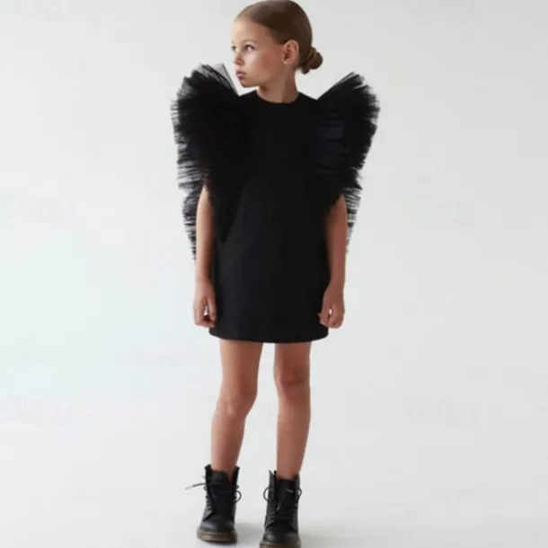 Kids Girls' Party Dress Solid Color Short Sleeve Formal Performance Special Occasion Mesh Fashion Princess Polyester Above Knee Party Dress Spring Fall Winter 3-10 Years Black White