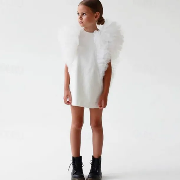 Kids Girls' Party Dress Solid Color Short Sleeve Formal Performance Special Occasion Mesh Fashion Princess Polyester Above Knee Party Dress Spring Fall Winter 3-10 Years Black White