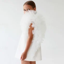 Kids Girls' Party Dress Solid Color Short Sleeve Formal Performance Special Occasion Mesh Fashion Princess Polyester Above Knee Party Dress Spring Fall Winter 3-10 Years Black White