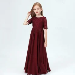 Kids Girls' Party Dress Solid Color Half Sleeve Performance Mesh Princess Sweet Mesh Mid-Calf Sheath Dress Tulle Dress Summer Spring Fall 2-12 Years Wine