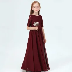 Kids Girls' Party Dress Solid Color Half Sleeve Performance Mesh Princess Sweet Mesh Mid-Calf Sheath Dress Tulle Dress Summer Spring Fall 2-12 Years Wine