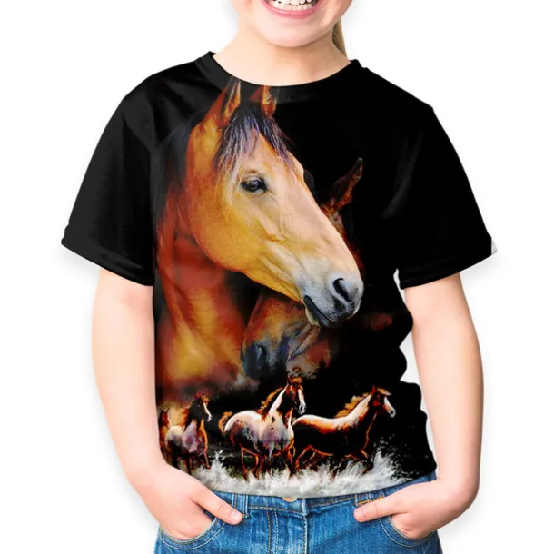 Kids Girls' T shirt Tee Short Sleeve Butterfly Cat Horse Color Block 3D Animal Print Lake blue Navy White Children Tops Basic Streetwear Cute