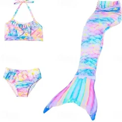 Kids Girls' Three Piece Mermaid Swimwear Swimwear Bikini Beach Swimming Print Active Cute Bathing Suits 4-12 Years Summer Rose Purple Polka Dot
