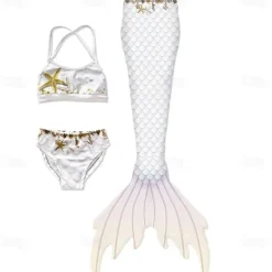 Kids Girls' Three Piece Mermaid Swimwear Swimwear Outdoor Scales Bathing Suits 2-12 Years Summer White Yellow