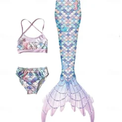 Kids Girls' Three Piece Mermaid Swimwear Swimwear Outdoor Scales Bathing Suits 2-12 Years Summer White Yellow