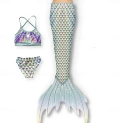 Kids Girls' Three Piece Mermaid Swimwear Swimwear Outdoor Scales Bathing Suits 2-12 Years Summer White Yellow