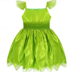 Kids Girls' Tinker Bell Costume Dress Butterfly Party Dress Performance Party Green Asymmetrical Short Sleeve Costume Sweet Dresses Spring Summer Regular Fit 3-10 Years