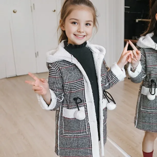 Kids Girls' Woolen Coat Long Sleeve Pink khaki White Plaid Winter Fall Fashion Outdoor 7-13 Years