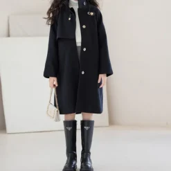 Kids Girls' Woolen Coat Long Sleeve Black Solid Color Button Fall Winter Fashion School 3-7 Years