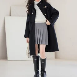 Kids Girls' Woolen Coat Long Sleeve Black Solid Color Button Fall Winter Fashion School 3-7 Years