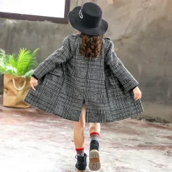 Kids Girls' Woolen Coat Long Sleeve Gray Plaid Button Fall Winter Fashion School 3-7 Years