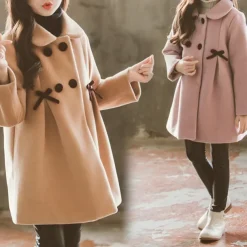 Kids Girls' Woolen Coat Long Sleeve Pink Khaki Solid Color Button Fall Winter Fashion School 3-7 Years