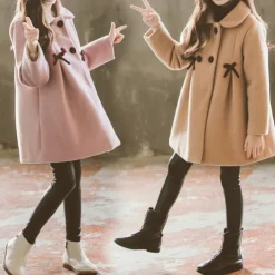Kids Girls' Woolen Coat Long Sleeve Pink Khaki Solid Color Button Fall Winter Fashion School 3-7 Years