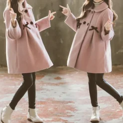 Kids Girls' Woolen Coat Long Sleeve Pink Khaki Solid Color Button Fall Winter Fashion School 3-7 Years