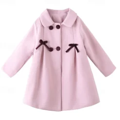 Kids Girls' Woolen Coat Long Sleeve Pink Khaki Solid Color Button Fall Winter Fashion School 3-7 Years