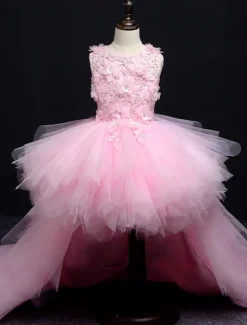 Kids Little Girls' Dress Floral Solid Colored A Line Dress Party Performance Embroidered Mesh Bow Red Asymmetrical Sleeveless Princess Sweet Dresses Spring Summer Regular Fit 3-12 Years