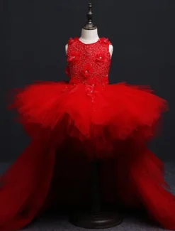 Kids Little Girls' Dress Floral Solid Colored A Line Dress Party Performance Embroidered Mesh Bow Red Asymmetrical Sleeveless Princess Sweet Dresses Spring Summer Regular Fit 3-12 Years