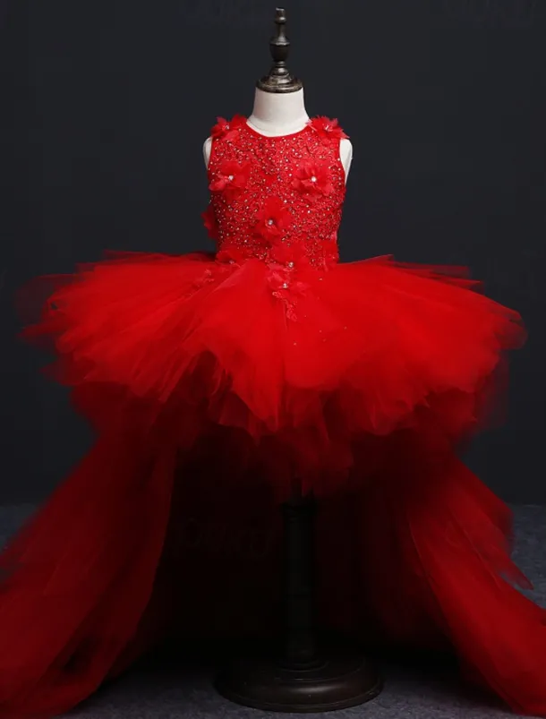 Kids Little Girls' Dress Floral Solid Colored A Line Dress Party Performance Embroidered Mesh Bow Red Asymmetrical Sleeveless Princess Sweet Dresses Spring Summer Regular Fit 3-12 Years