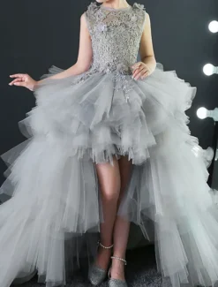 Kids Little Girls' Dress Floral Solid Colored A Line Dress Party Performance Embroidered Mesh Bow Red Asymmetrical Sleeveless Princess Sweet Dresses Spring Summer Regular Fit 3-12 Years