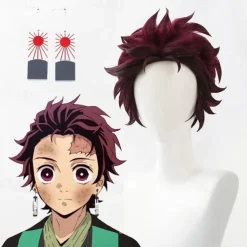 Kimetsu No Yaiba Tanjiro Kamado Short Chestnut Brown Heat Resistant Hair Cosplay Wig A Pair of Ear-Rings Halloween Wigs