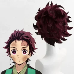 Kimetsu No Yaiba Tanjiro Kamado Short Chestnut Brown Heat Resistant Hair Cosplay Wig A Pair of Ear-Rings Halloween Wigs
