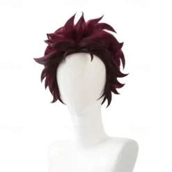 Kimetsu No Yaiba Tanjiro Kamado Short Chestnut Brown Heat Resistant Hair Cosplay Wig A Pair of Ear-Rings Halloween Wigs
