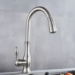 Kitchen Faucet with Pull-out Spray,Brass 2-modes Single Handle One Hole Modern Style Kitchen Taps with Hot and Cold Switch